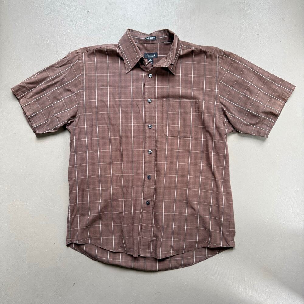 Short Sleeve Button Up Shirt Brown Plaid M Office Weekend Dadcore